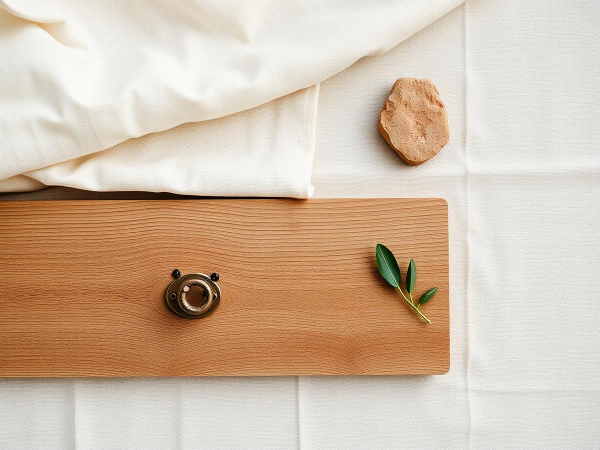 Warm materials — linen, oak, brass